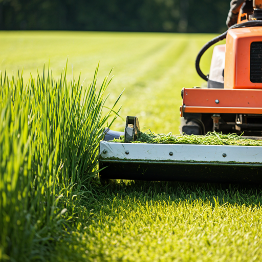 Industrial mower cutting thick green grass